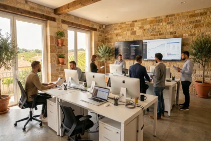 Vue panoramique d'une agence SEO moderne dans l'Aude avec des professionnels travaillant sur des tableaux de bord analytics, fenêtres ouvertes sur les toits méditerranéens