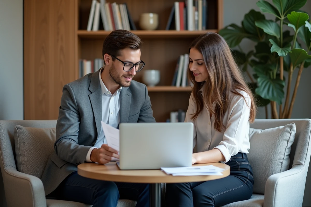 Deux collègues partageant des connaissances dans un espace de travail collaboratif, représentant la culture d'apprentissage continu en développement organisationnel