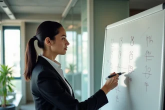 Une femme en blazer explique la méthode des 5 Pourquoi devant un tableau blanc rempli de questions et de flèches dans un bureau moderne