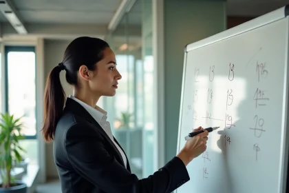 Une femme en blazer explique la méthode des 5 Pourquoi devant un tableau blanc rempli de questions et de flèches dans un bureau moderne