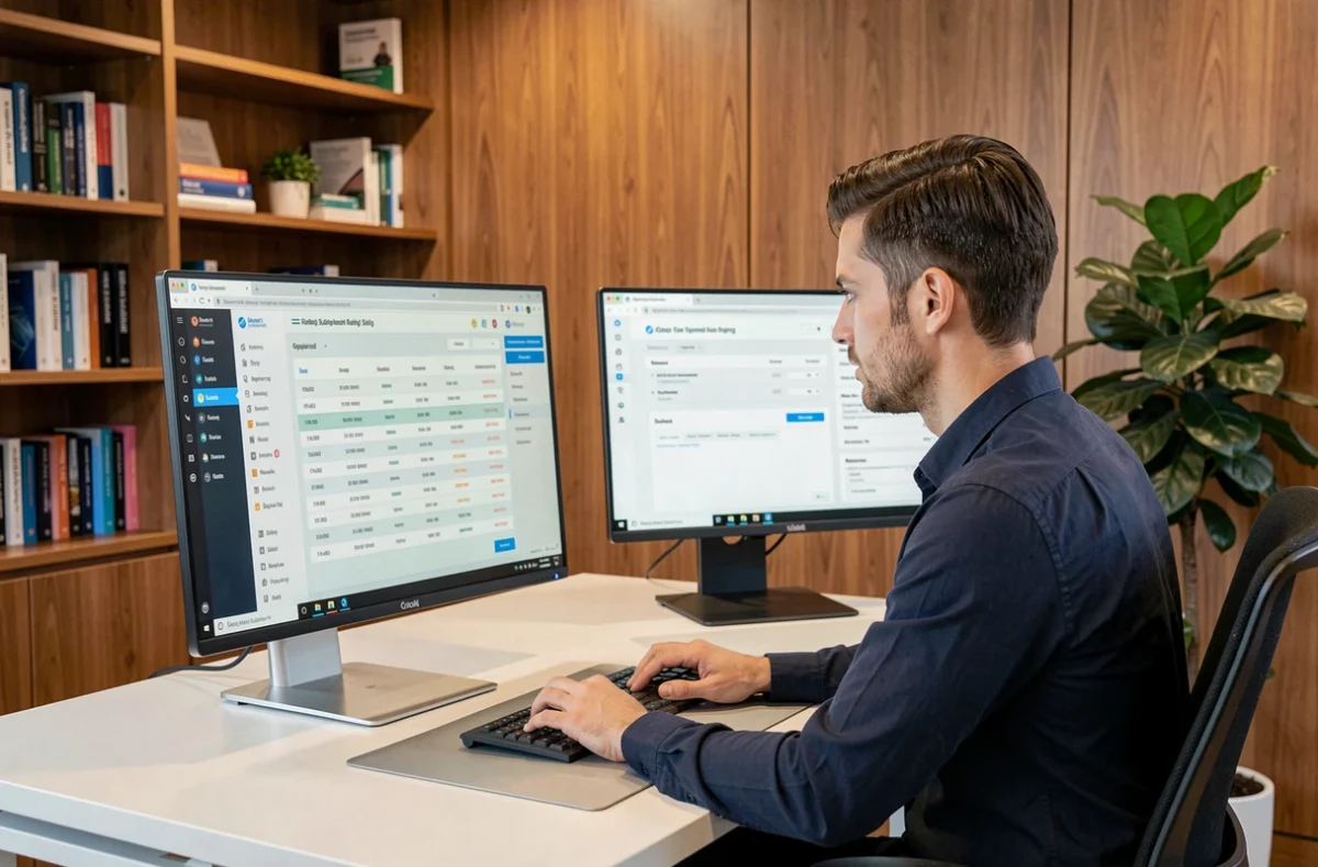 Consultant SEO de l'agence Minelseb analysant un rapport de positionnement sur ordinateur dans un bureau professionnel moderne