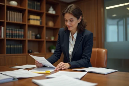 Avocate en costume marine examinant des documents juridiques et des preuves contractuelles dans un cabinet d'avocat professionnel