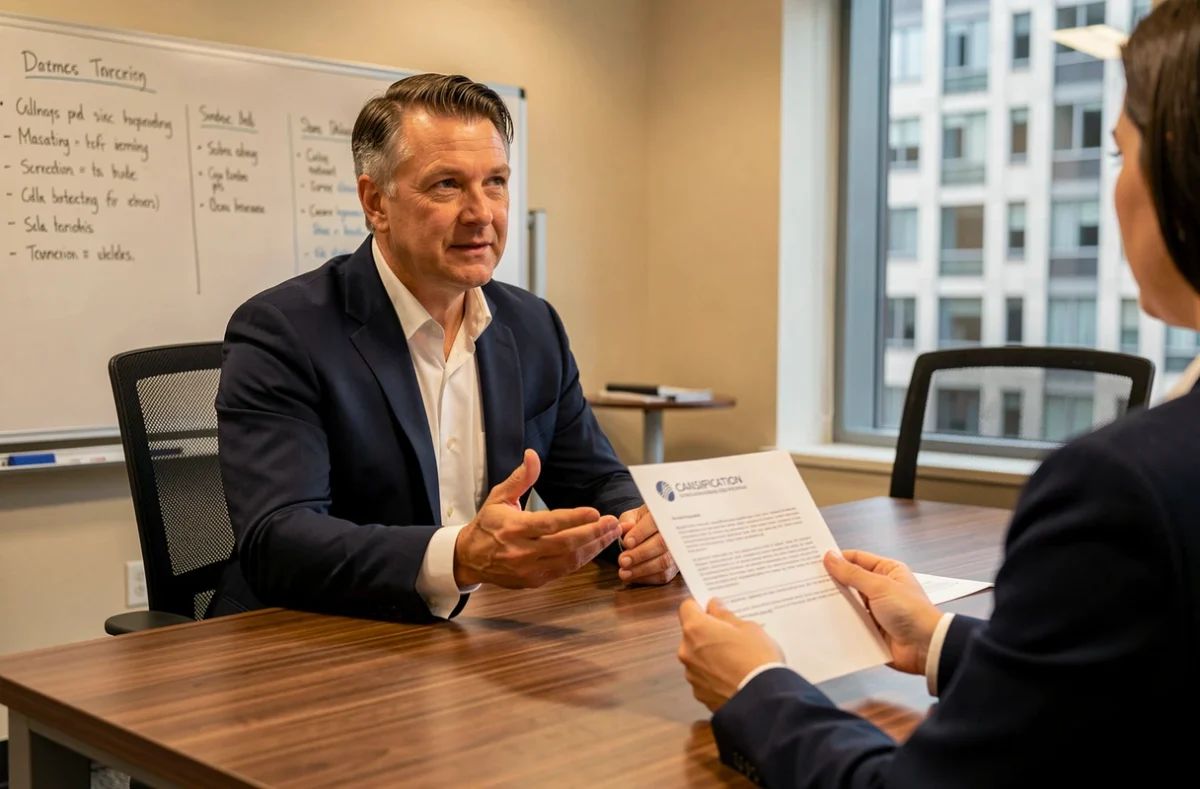 Employé négociant sa classification et son coefficient salarial lors d'un entretien RH en salle de réunion d'entreprise