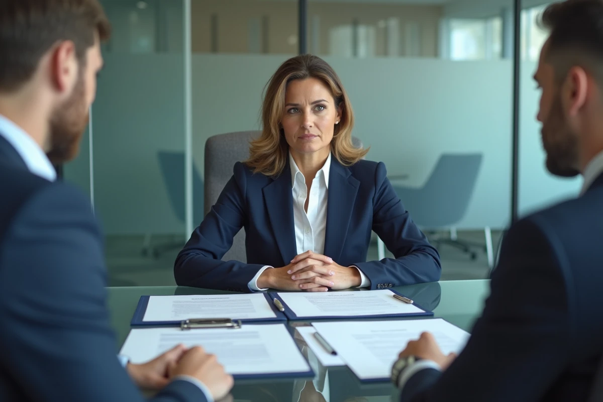 Femme et conseiller bancaire discutant du rachat d'une créance lors d'une réunion formelle