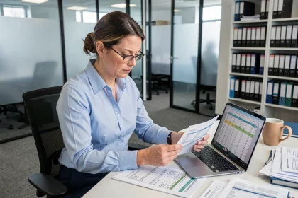 Professionnelle en ressources humaines analysant une grille salariale CCN 51 à son bureau dans un open space administratif