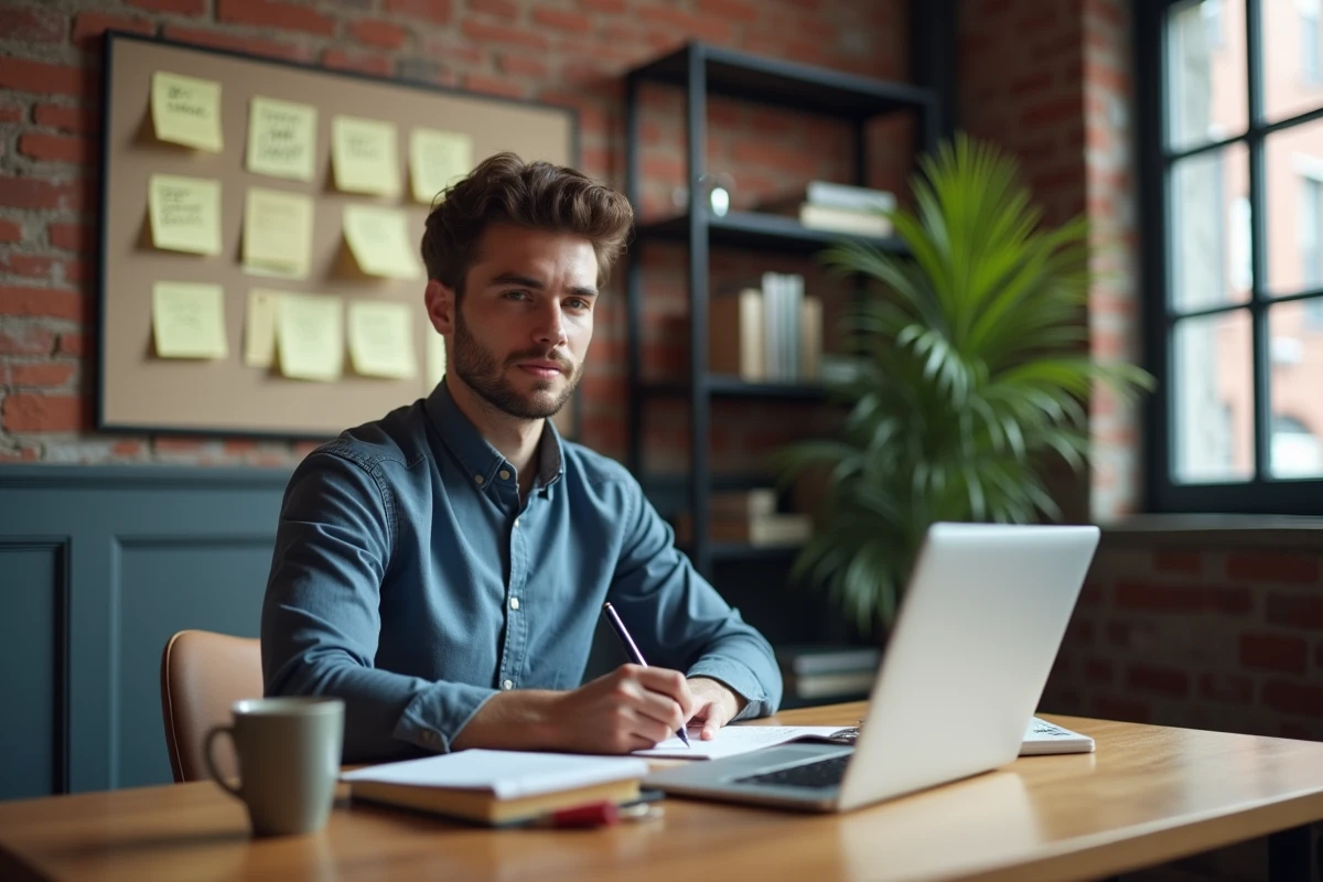 Jeune entrepreneur seul dans un espace de coworking, définissant les objectifs de son entreprise dans un carnet de notes