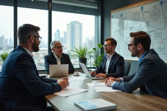 Équipe de professionnels réunis autour d'une table de conférence pour définir les objectifs stratégiques de leur entreprise