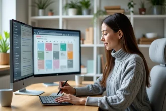 Femme organisant son calendrier de contenu pour les réseaux sociaux sur un bureau en bois avec tablette et moniteur
