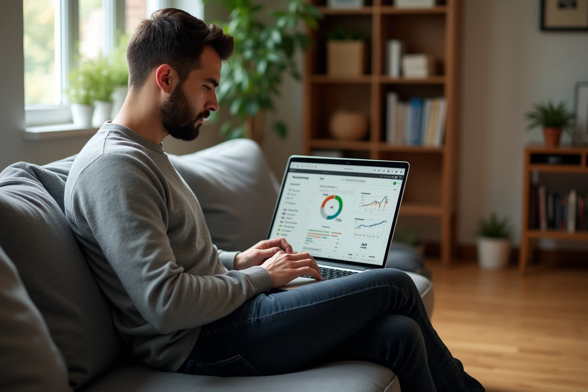 Un homme travaillant à domicile sur un outil d'optimisation SEO avec des données de mots-clés affichées sur son ordinateur portable