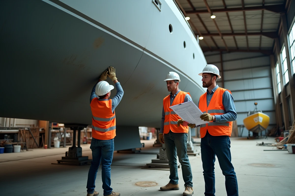 Ouvriers de chantier naval inspectant la coque d'un yacht en cours de refit dans un hangar industriel