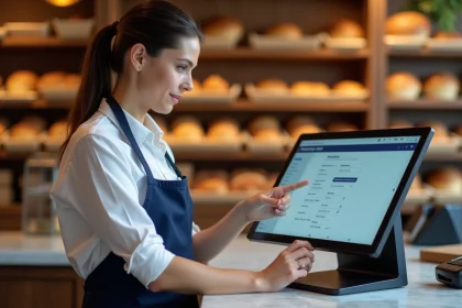 Boulangère paramétrant un logiciel de caisse Menlog sur un terminal tactile derrière le comptoir