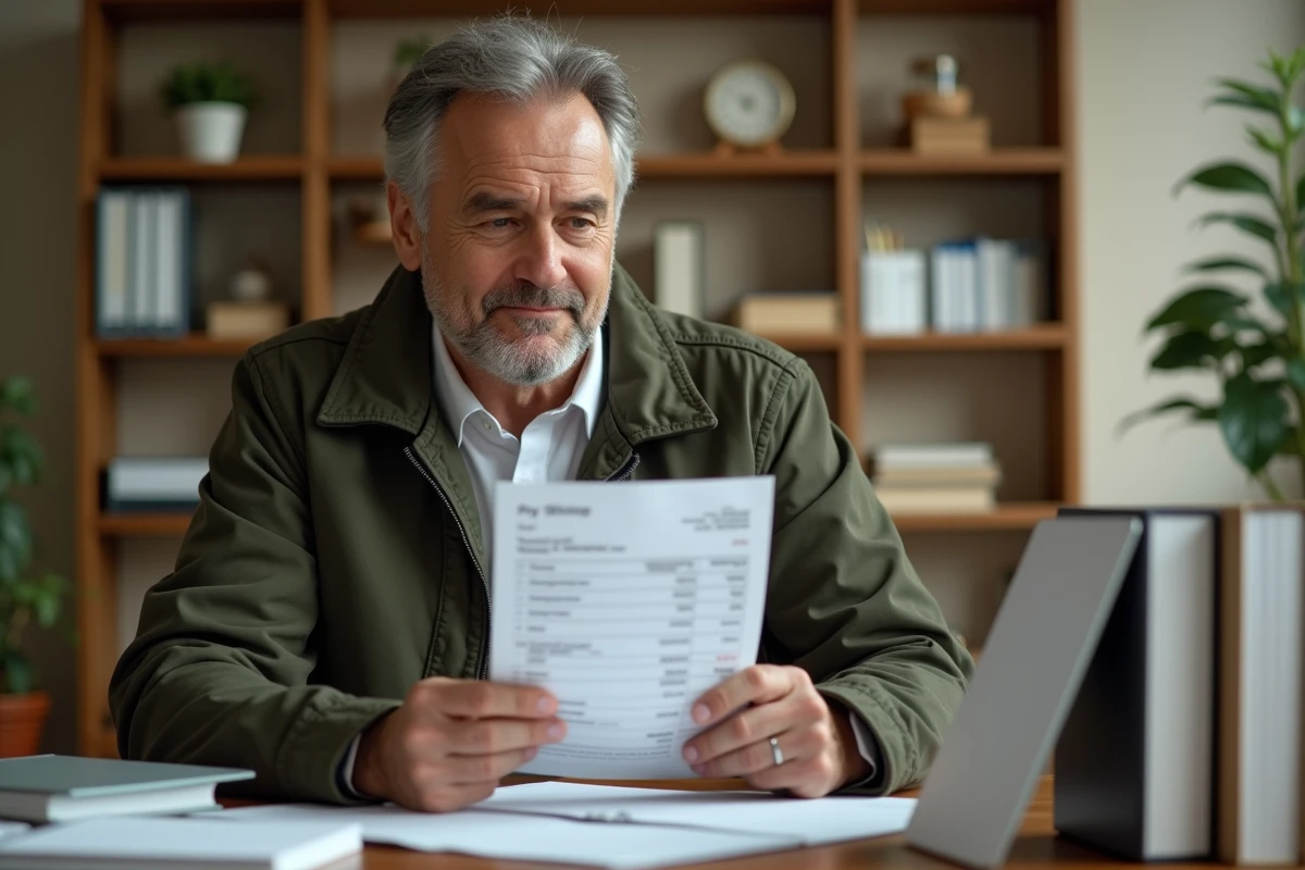 Père consultant une fiche de paie de stage à son bureau à domicile pour vérifier la rémunération 2026