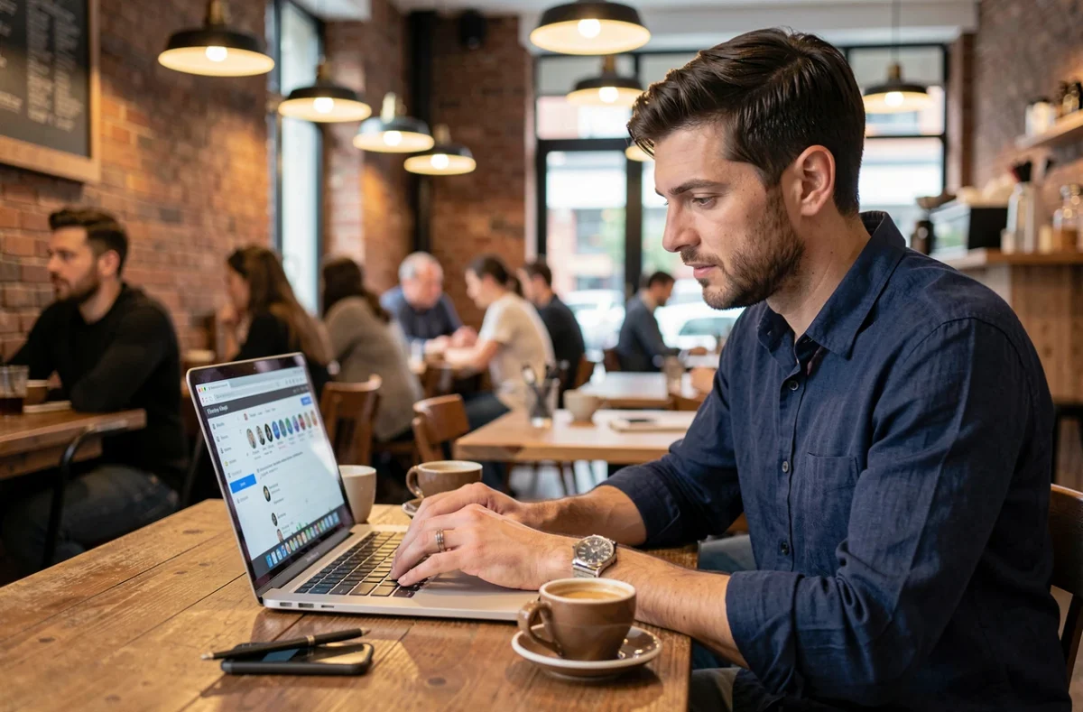Homme travaillant sur la planification de publications Instagram depuis un café, représentant la stratégie des meilleures heures de publication sur les réseaux sociaux