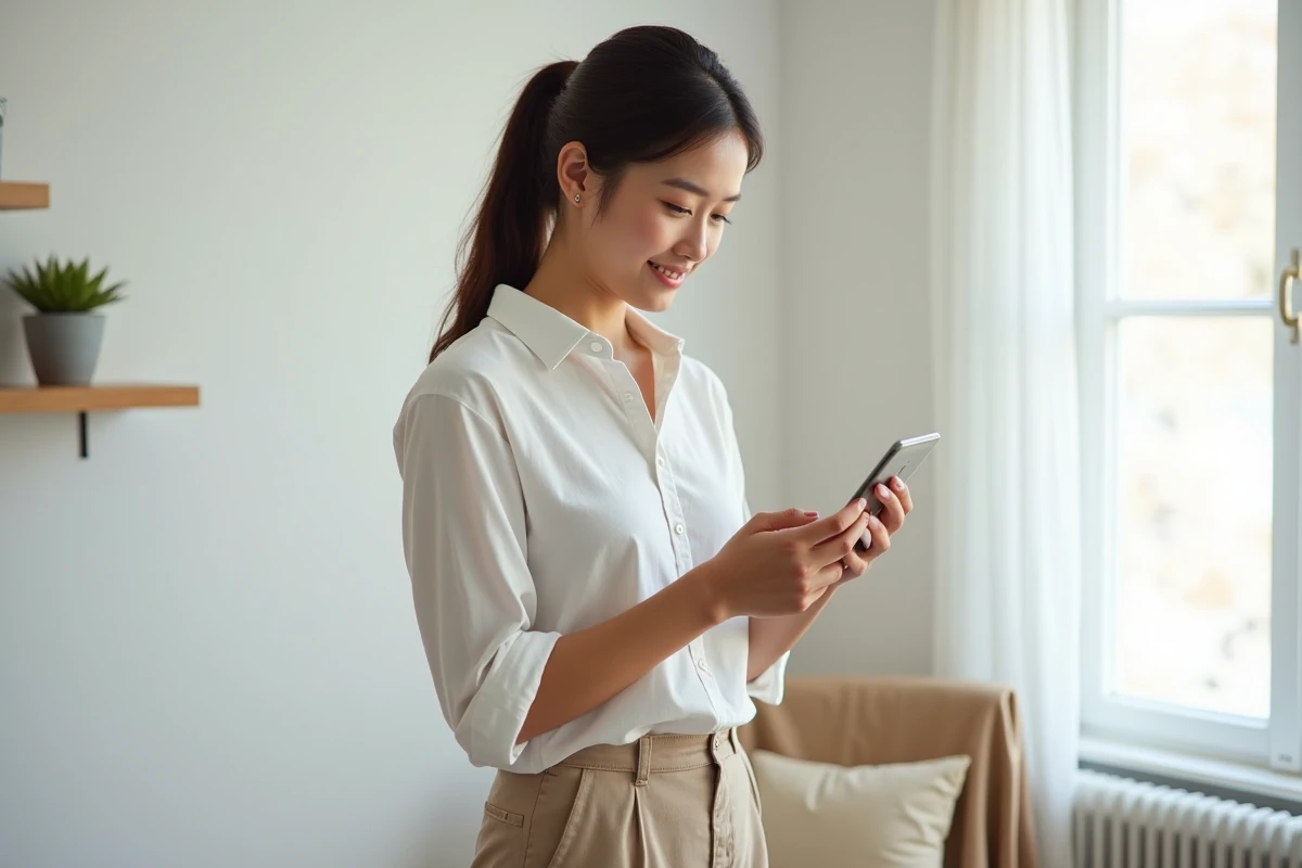 Jeune femme planifiant ses publications sur les réseaux sociaux depuis une application mobile dans un appartement minimaliste