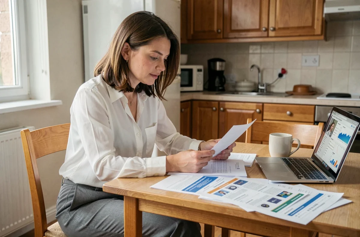 Femme se préparant à une journée de vente porte à porte en révisant ses supports commerciaux chez elle