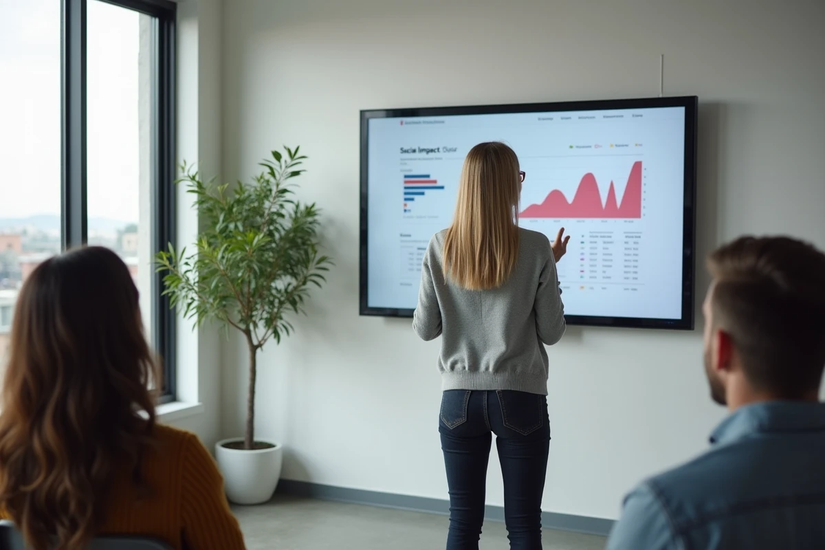 Responsable RSE présentant des données d'impact social sur un écran dans un espace de co-working, illustrant le pilier Personnes de la RSE