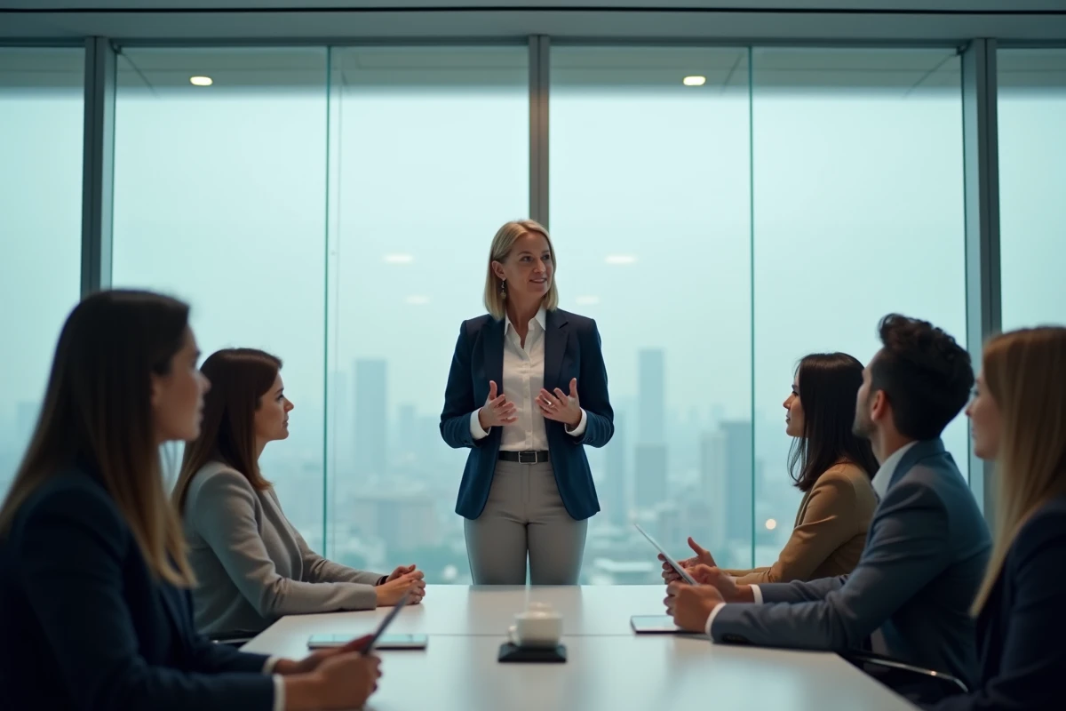 Manager femme présentant une stratégie de développement organisationnel à son équipe dans une salle de réunion moderne