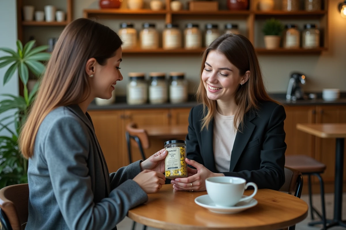 Deux femmes discutant d'un produit de tisane lors d'une réunion commerciale dans un café chaleureux