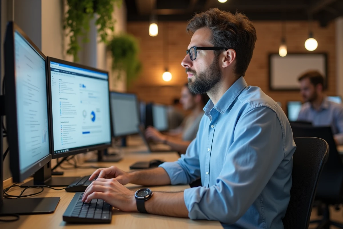 Un prestataire externe travaillant sur ordinateur dans un espace de co-working, représentant le recours à l'externalisation de services spécialisés pour les entreprises.