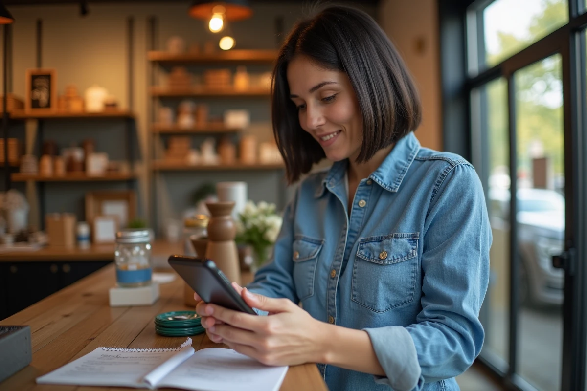 Propriétaire de petite boutique consultant le prix d'une publicité Facebook sur son smartphone pour gérer son budget marketing