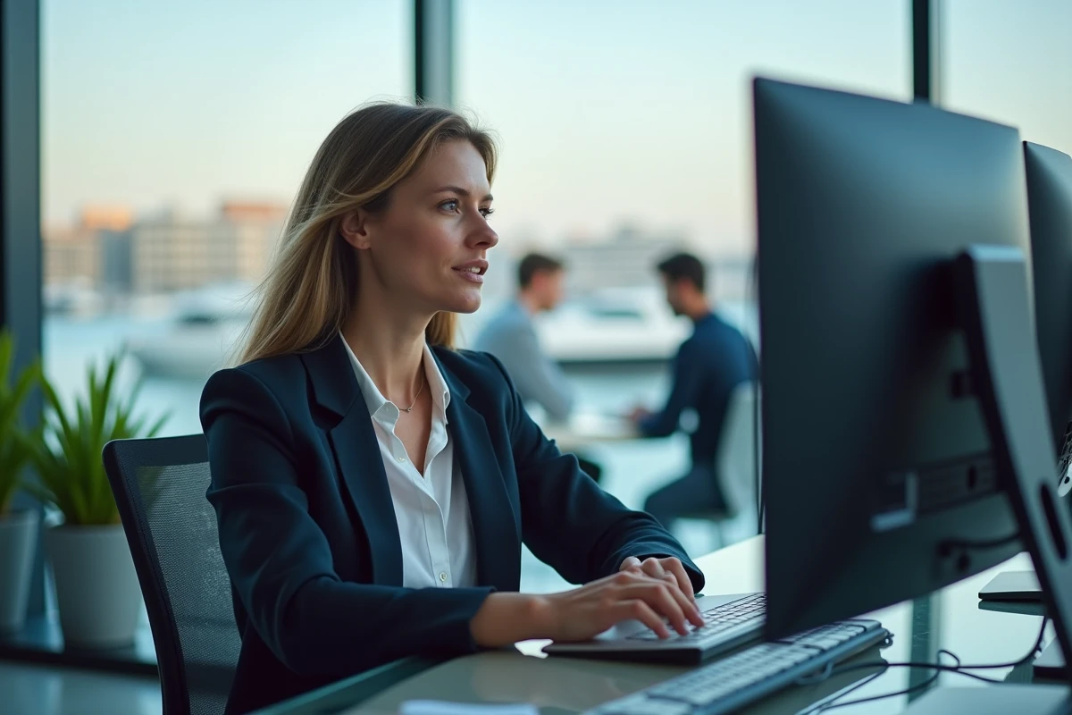 Professionnelle du secteur maritime consultant un portail d'informations sur l'industrie nautique dans un bureau moderne avec vue sur port
