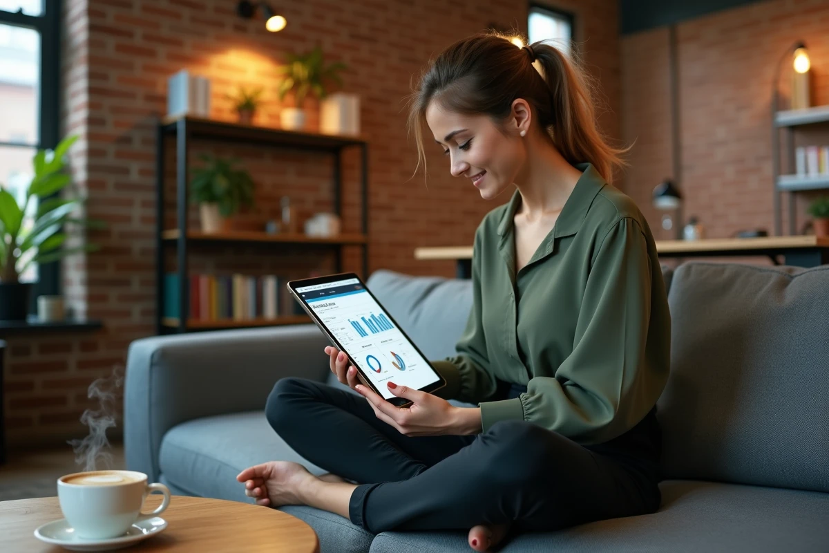 Jeune professionnelle consultant un tableau de bord de productivité sur une tablette dans un espace de coworking moderne