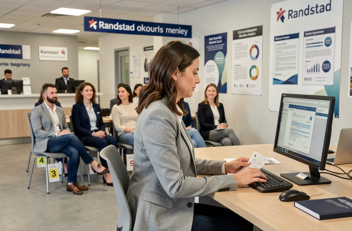 Recruteuse de Randstad Bourgogne-Franche-Comté examinant un CV à son bureau pendant que des candidats attendent dans l'agence régionale