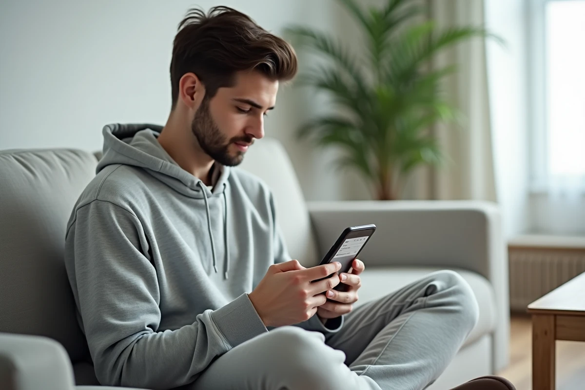Jeune adulte cherchant son numéro CIP sur une application de santé depuis son smartphone