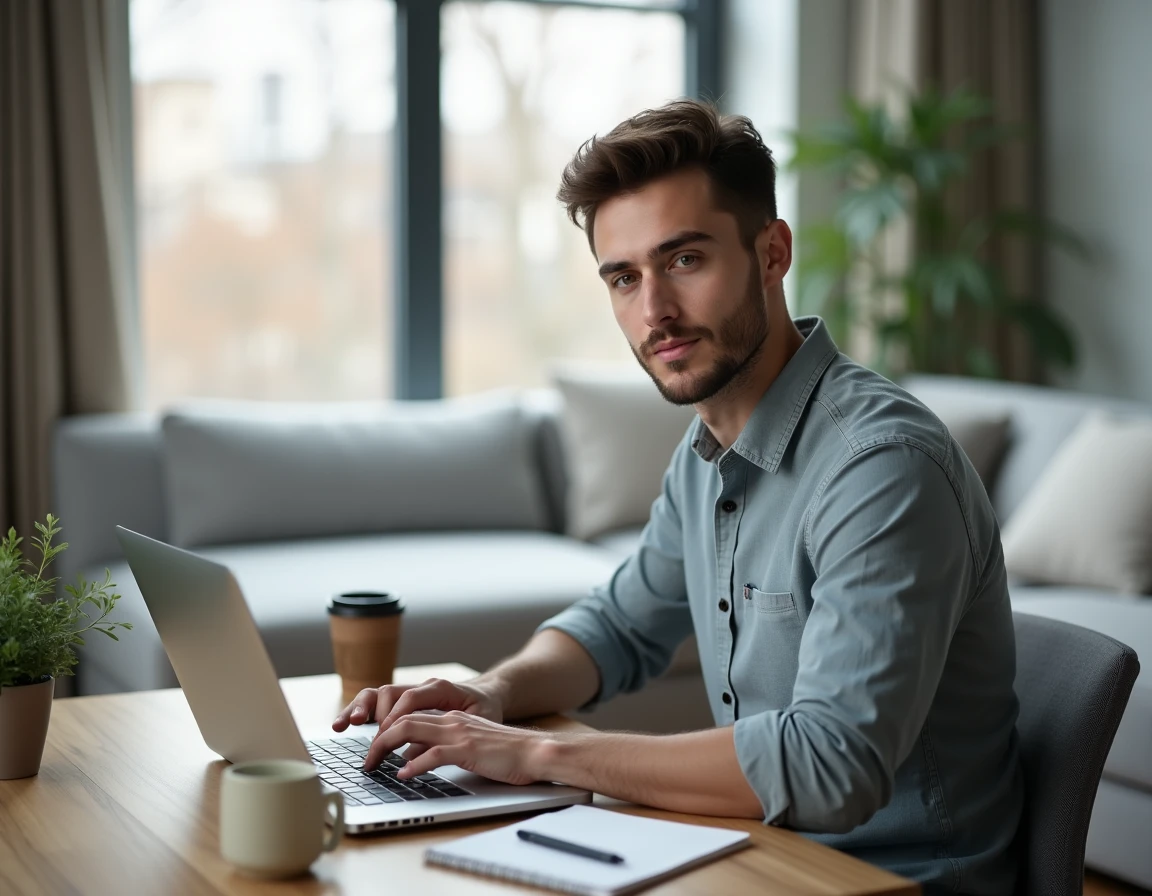 Un homme recherche des conseils en droit du travail sur internet depuis son domicile