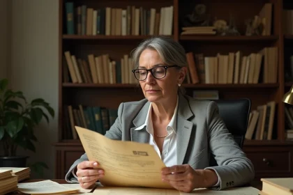 Femme consultant un registre d'entreprise archivé pour retrouver une société disparue