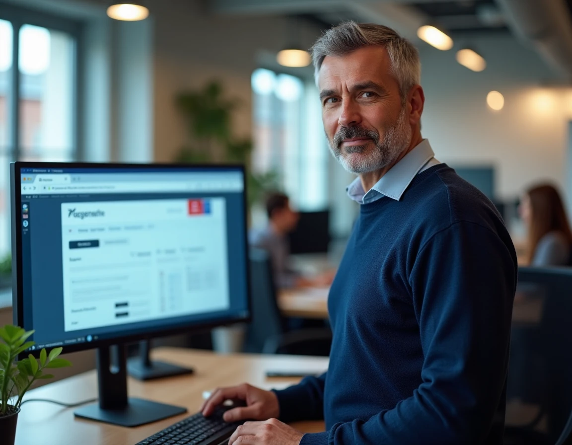 Homme recherchant une entreprise dissoute sur un portail officiel en ligne