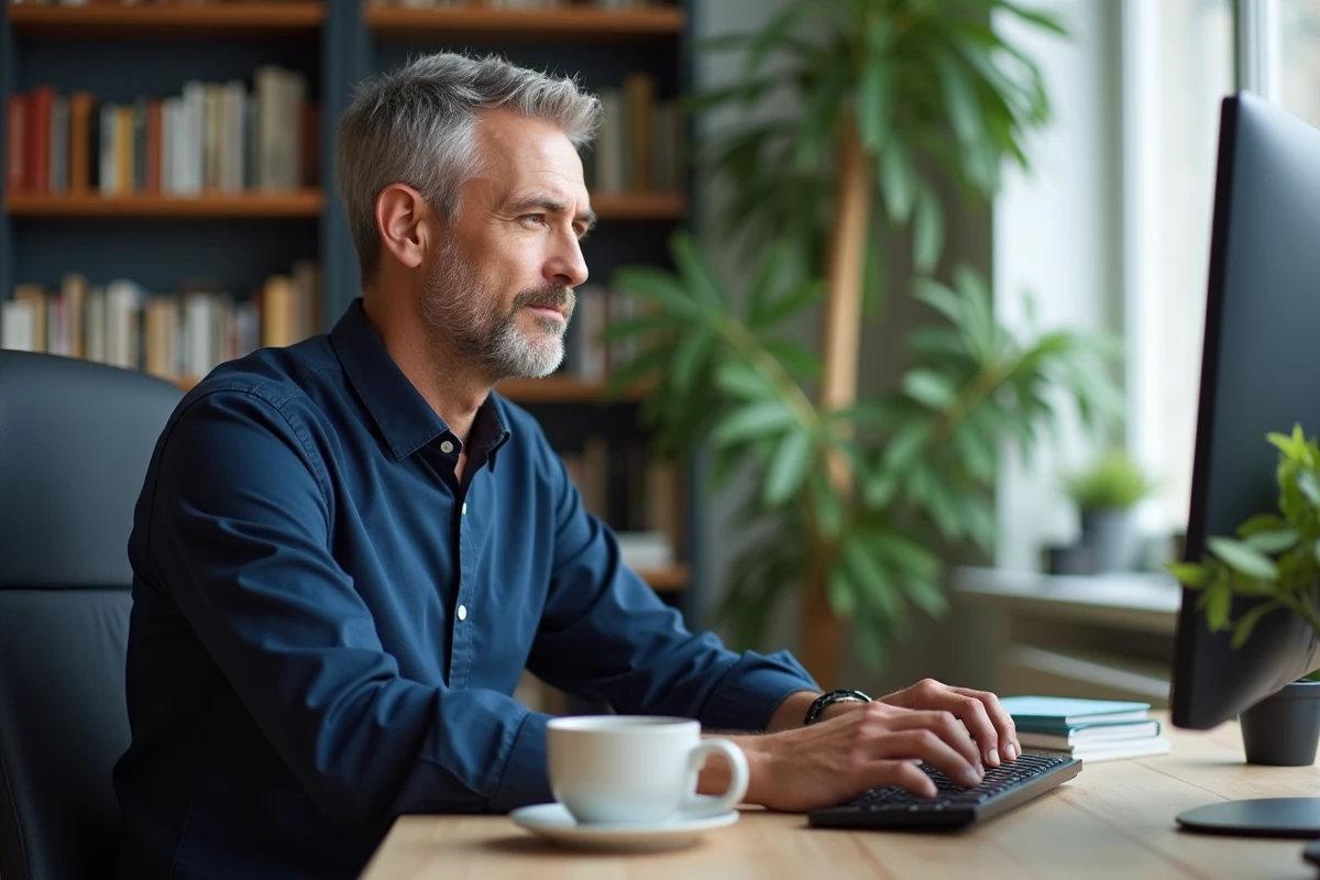 Homme en télétravail rédigeant un e-mail de réseautage professionnel depuis son bureau à domicile