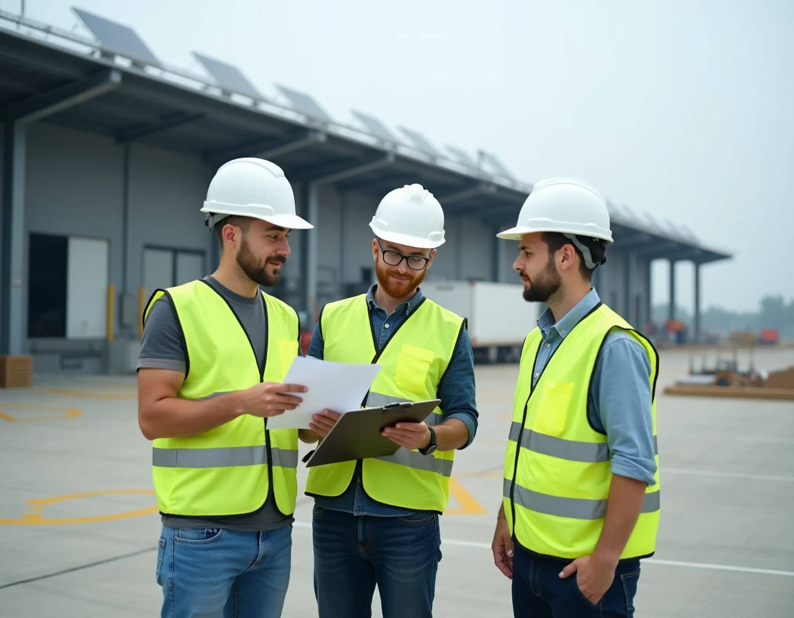 Équipe de professionnels industriels évaluant les normes environnementales et de sécurité sur un site de production