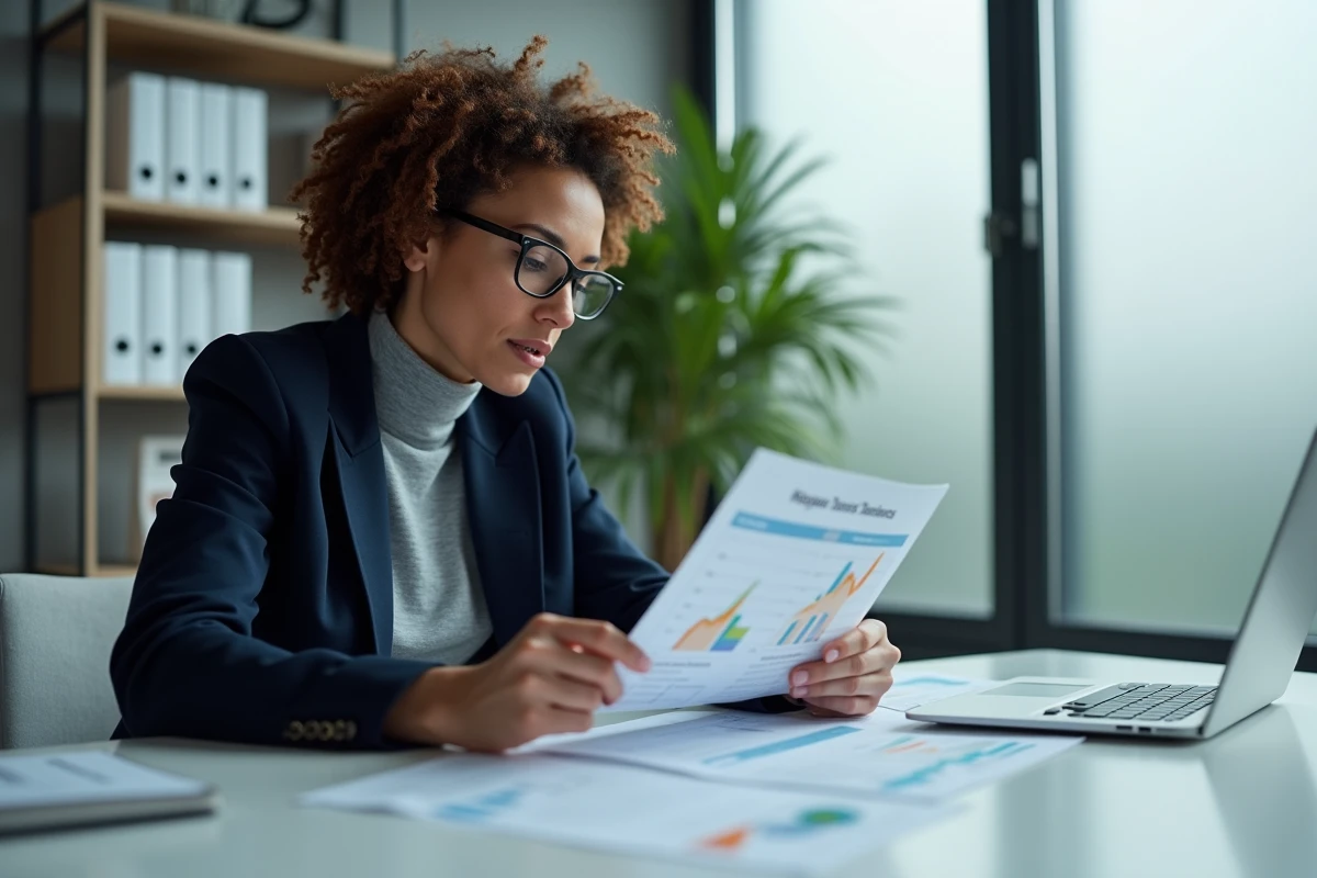 Responsable informatique comparant des solutions ERP sur tablette et documents imprimés dans un bureau privé