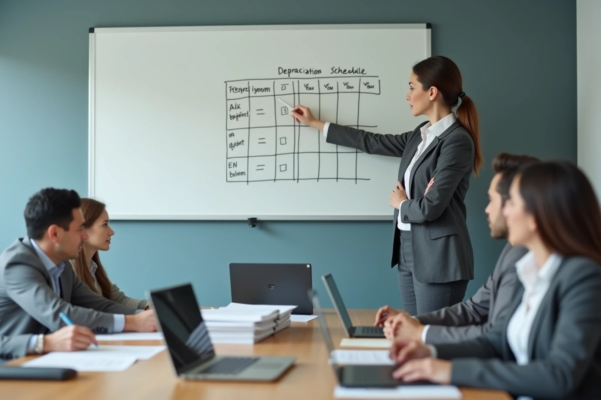 Responsable financière présentant un tableau d'amortissement en réunion, explication du fonctionnement du compte 28 comptabilité