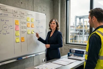 Responsable QSE expliquant une analyse d'incident structurée en 5 étapes sur un tableau blanc avec des post-it colorés dans une salle de formation industrielle