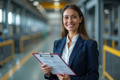 Responsable QSE femme en usine tenant un clipboard de contrôle qualité sécurité environnement