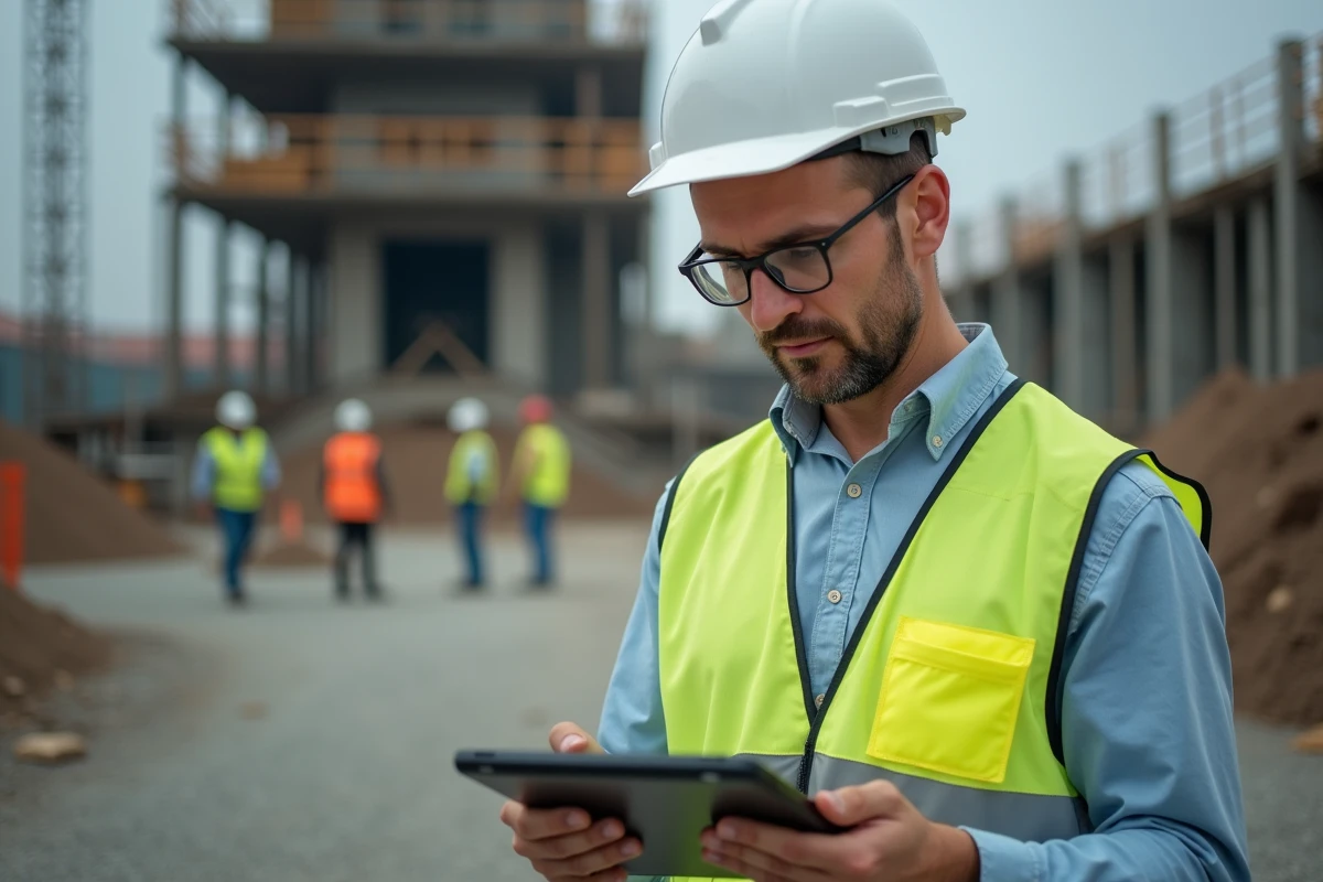 Responsable QSE homme sur chantier de construction avec casque et gilet de sécurité consultant une tablette