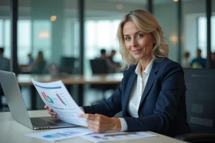 Responsable RH féminine en blazer marine analysant des documents de gestion des ressources humaines dans un bureau moderne