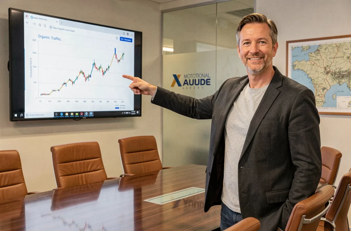 Consultant de Résultats Plus Groupe présentant une croissance de trafic organique sur tableau de bord SEO lors d'une réunion client