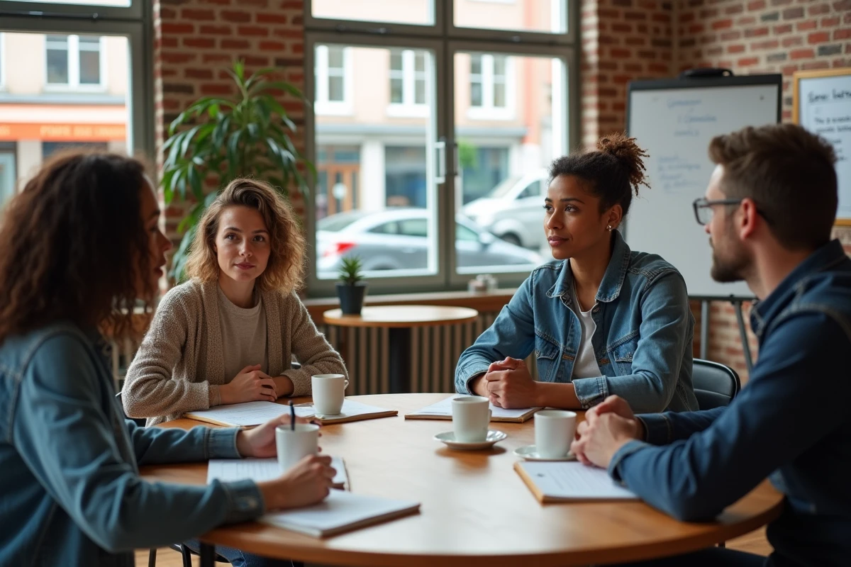 Groupe de citoyens participant à une réunion communautaire sur les politiques sociales et l'inclusion