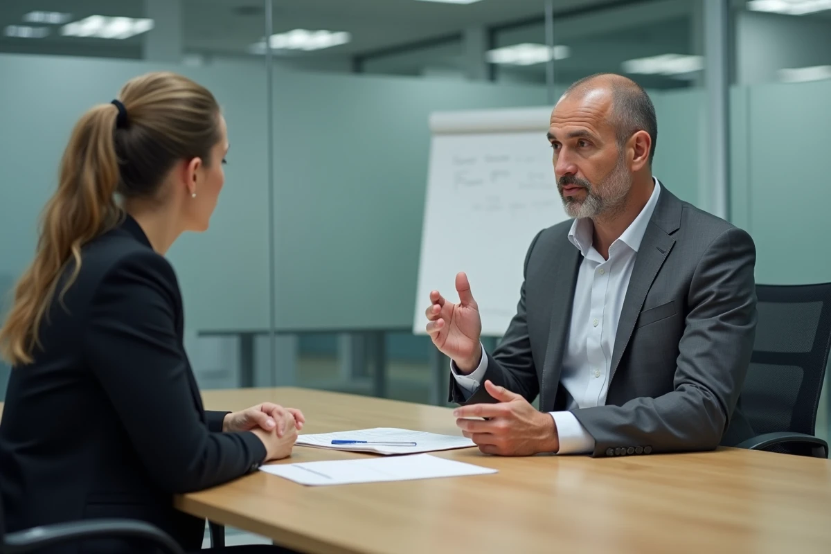 Homme en réunion avec un responsable RH pour discuter d'une rupture conventionnelle pour motif personnel, ambiance professionnelle et sereine