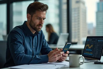 Un employé de bureau consulte une application de portefeuille crypto sur son smartphone, illustrant le paiement de salaire en cryptomonnaie