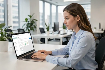 Salariée consultant ses bulletins de paie sur un portail RH en ligne depuis son bureau