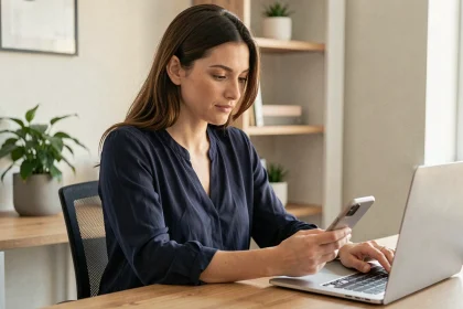 Femme utilisant son ordinateur portable et son smartphone pour contacter le service client UPS depuis son bureau à domicile