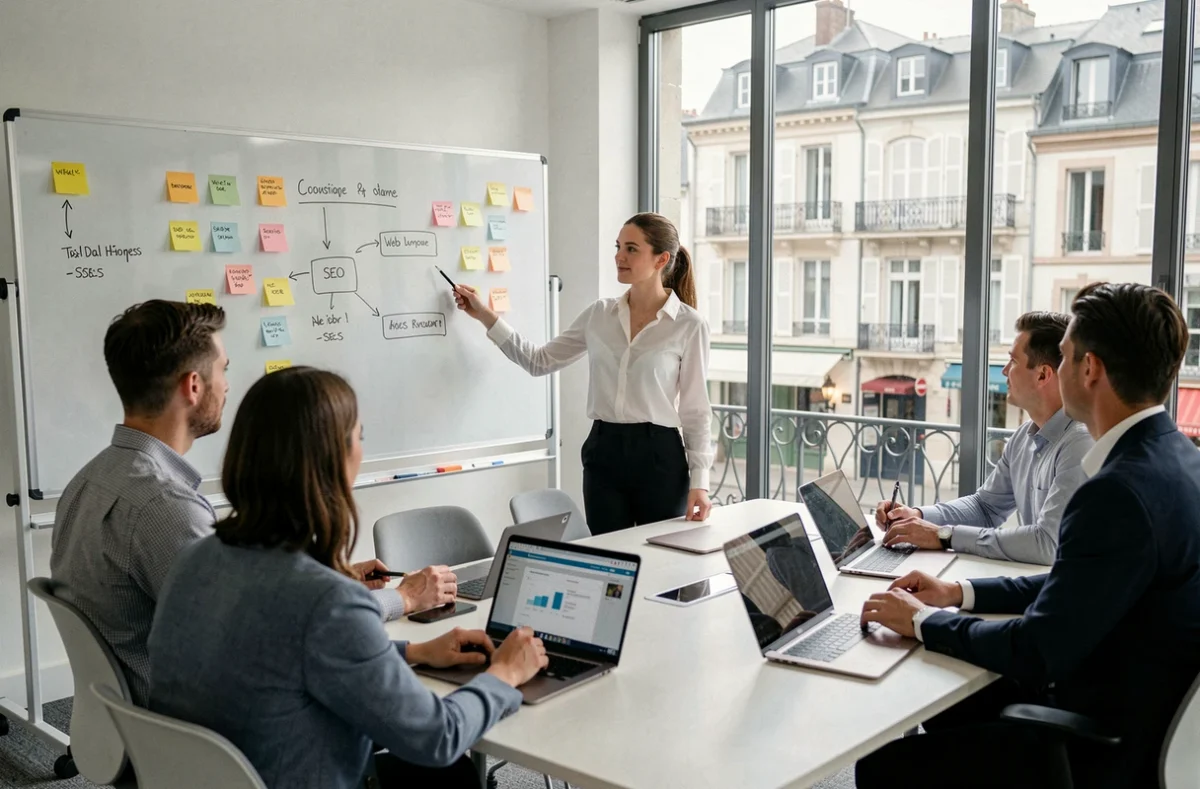Stratège web de Setting En Ligne présentant un plan d'optimisation SEO à une équipe dans une salle de réunion moderne