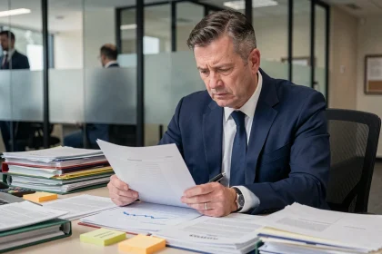Professionnel en costume étudiant des documents financiers suspects dans un bureau d'entreprise encombré, révélant des signaux d'alerte sur le fonctionnement d'un groupe de travail