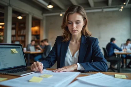 Jeune entrepreneuse d'une startup examinant des documents de dépôt de brevet à l'INPI dans un espace de coworking moderne