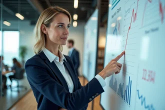 Femme d'affaires présentant une stratégie de croissance de parts de marché devant un tableau blanc en entreprise