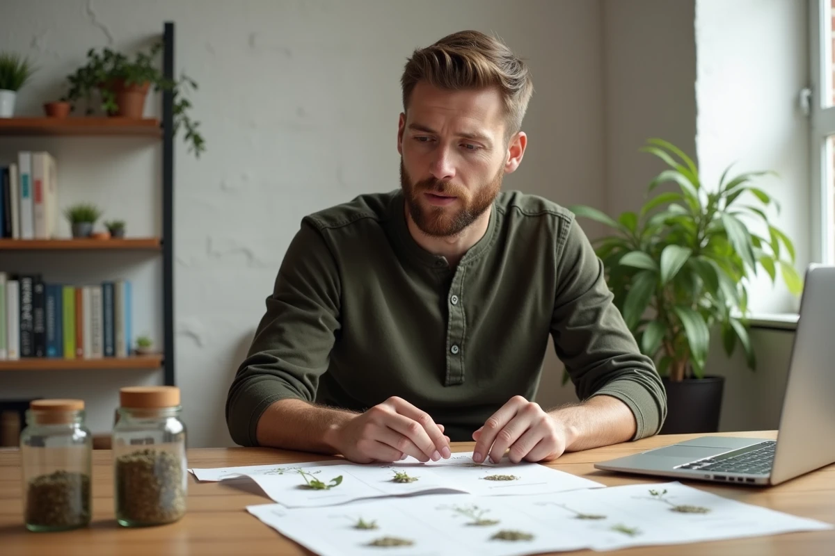 Entrepreneur travaillant sur la stratégie de branding et d'emballage d'une gamme de tisanes dans un studio minimaliste